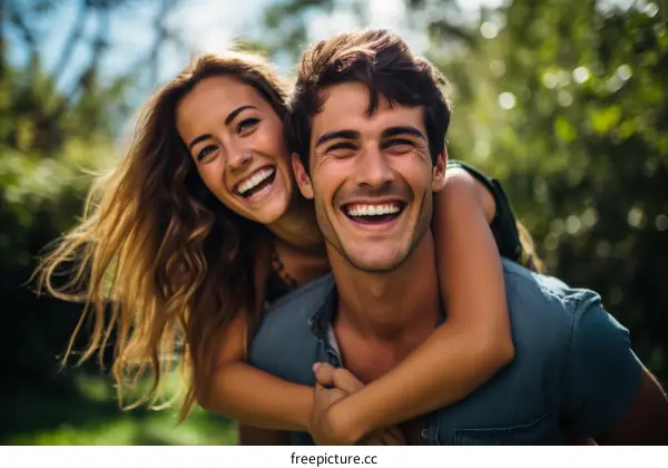 Happy couple piggybacking in the park