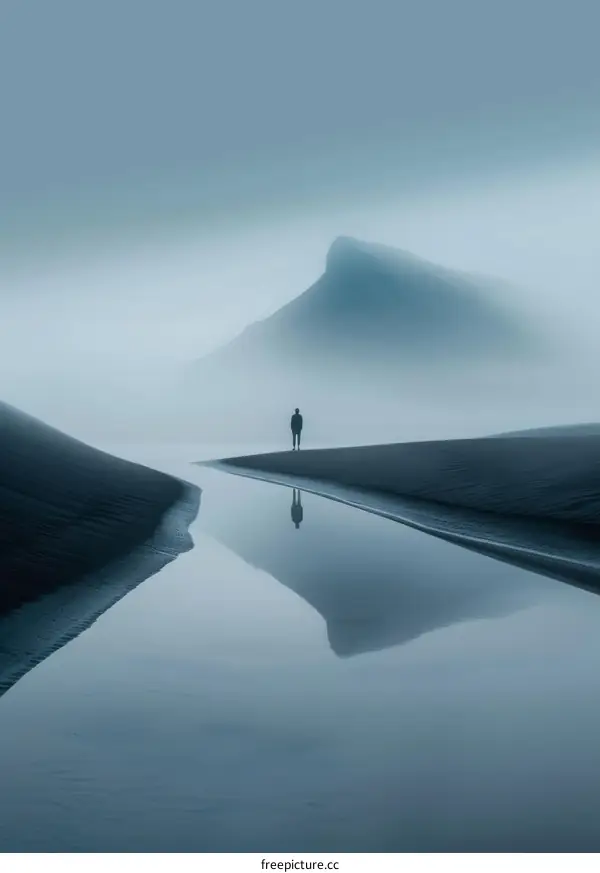 Silhouette of Lonely Man on Foggy Beach