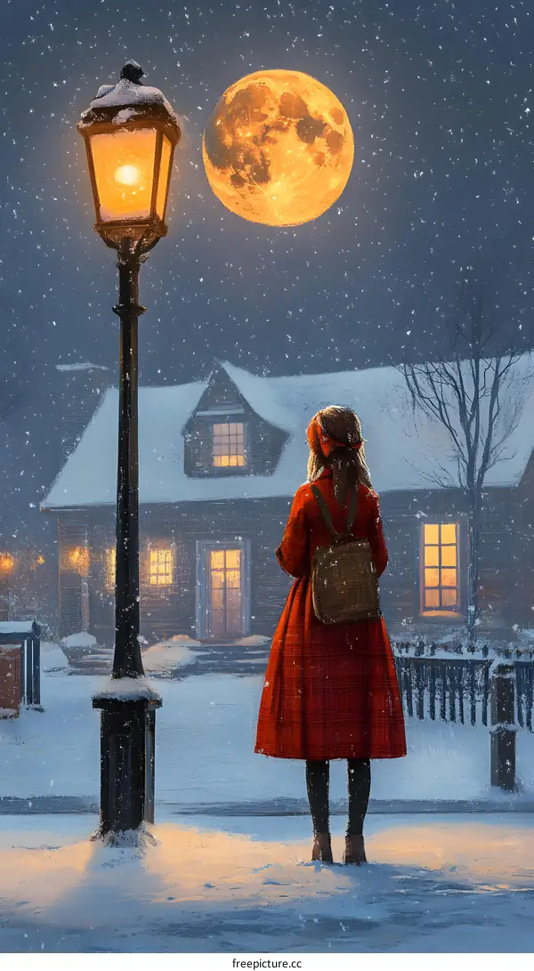 Snowy Winter Night with Woman Standing Under a Streetlight
