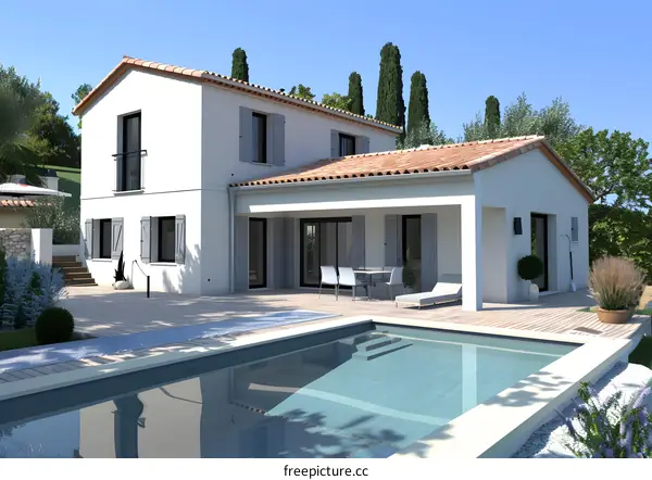 Modern White House with Swimming Pool and Patio