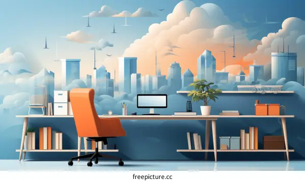Illustration of a modern home office with a city skyline in the background