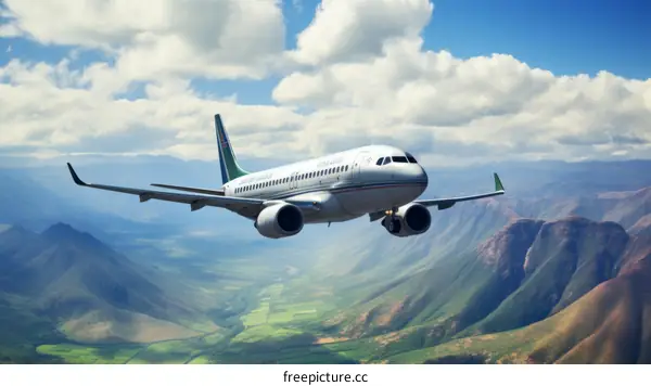 airplane flying over green mountains