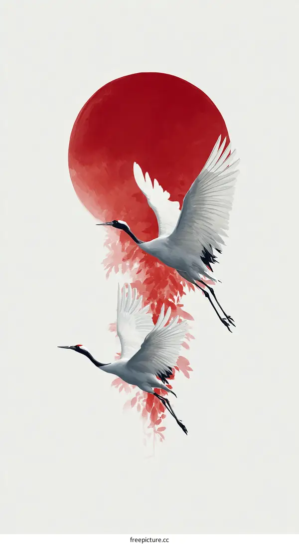 Two Cranes Soaring Against a Red Sun