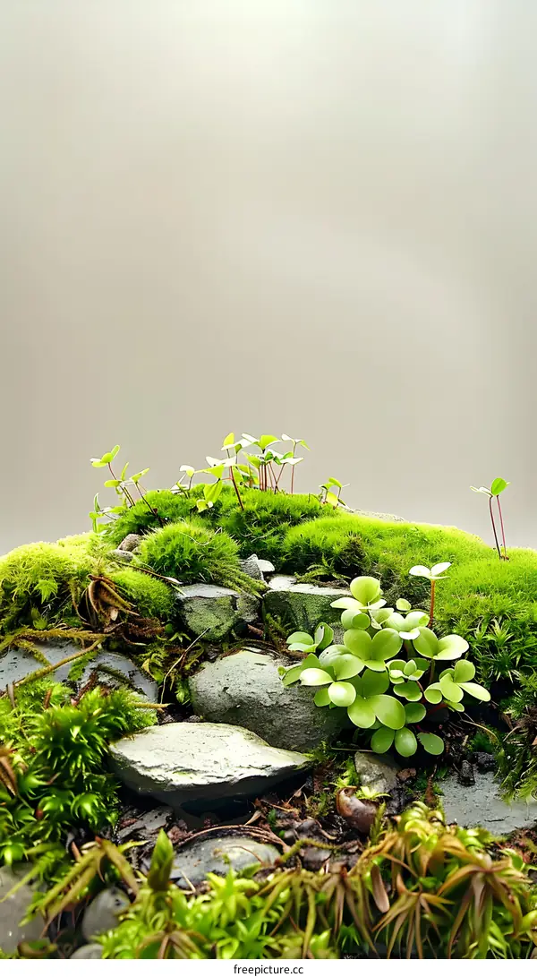 Green Moss and Rocks on a Grey Background