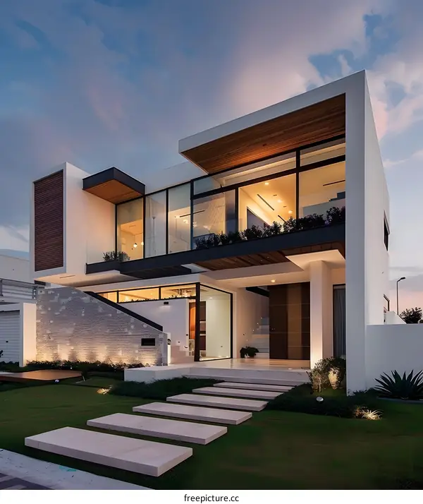 Modern White House Exterior With Stone And Wood Accents