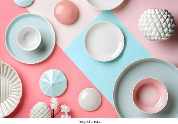 Pastel Colored Ceramic Plates and Bowls on a Colorful Background
