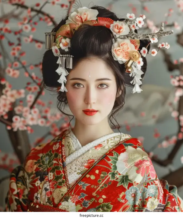 Portrait of a beautiful Japanese woman in traditional kimono with pink cherry blossoms in the background