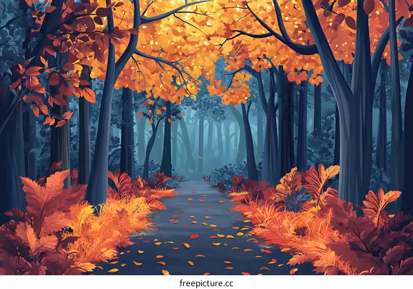 Autumn Forest Path with Colorful Leaves