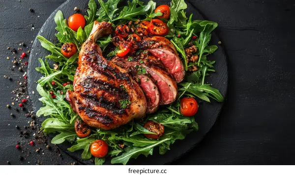 Grilled Chicken Leg and Slices of Roasted Lamb on a Mixed Greens Salad