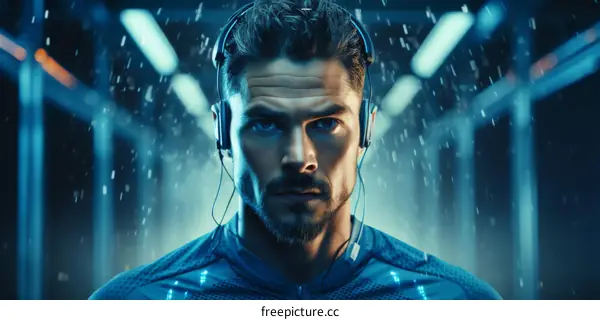 Portrait of a male runner listening to music with headphones