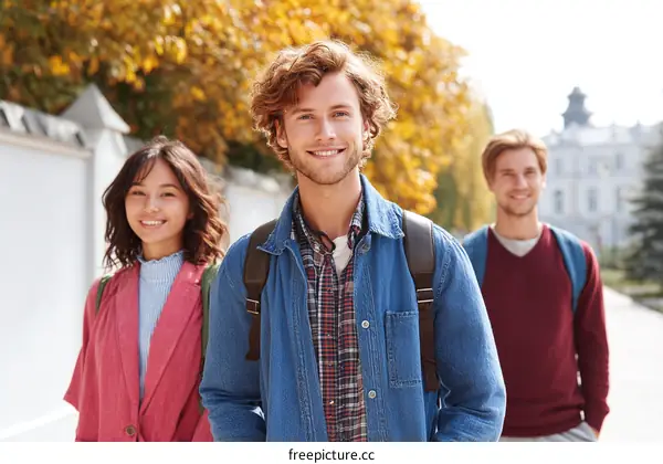 Group of young friends walking on campus with backpacks
