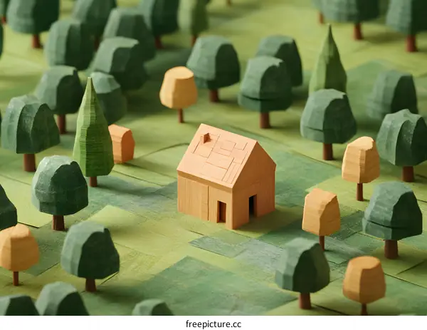 Wooden House Model in Green Forest