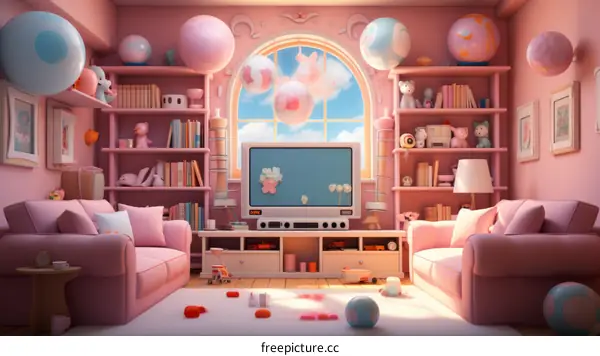 A pink living room with a large window and pink furniture