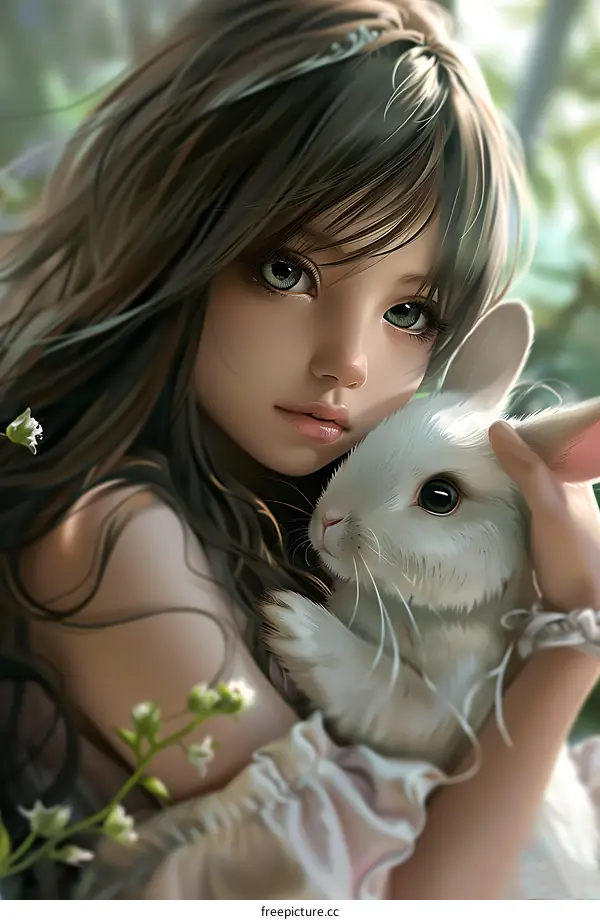 Cute Anime Girl Holding White Rabbit