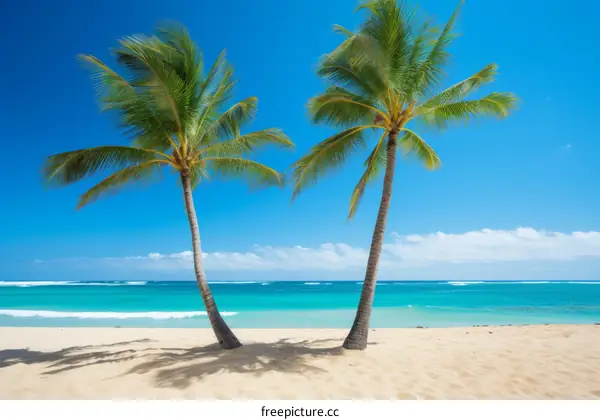 Palm Trees on a White Sand Beach with Blue Ocean Water