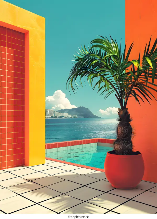 Minimalist Palm Tree and Swimming Pool with Sea View