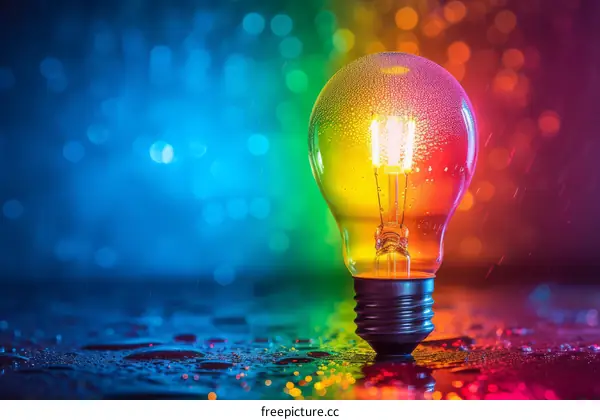 Light bulb with water drops and colorful background