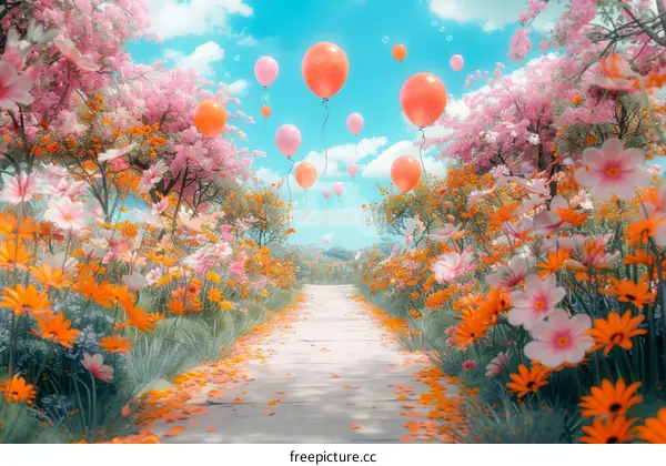 Serene Fantasy Wonderland with Floating Balloons in Spring