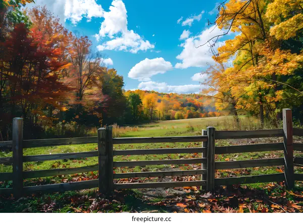 Autumn Landscape with Fence and Golden Leaves