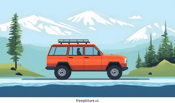 Orange SUV Driving Through Mountain Pass