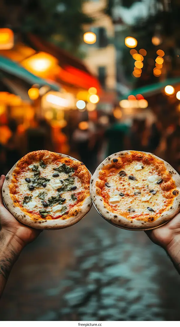 Two Pizzas Held High in a Busy Market