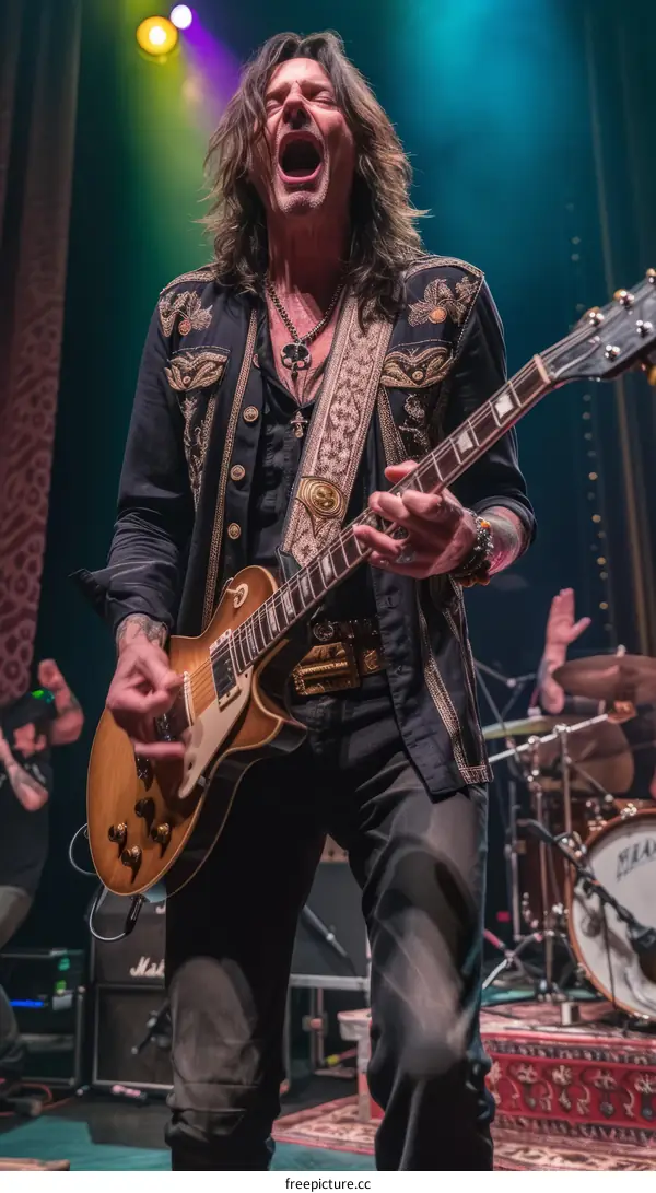 Rock guitarist with long brown hair playing guitar on stage