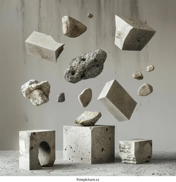 Gray background concrete bricks and stones suspension