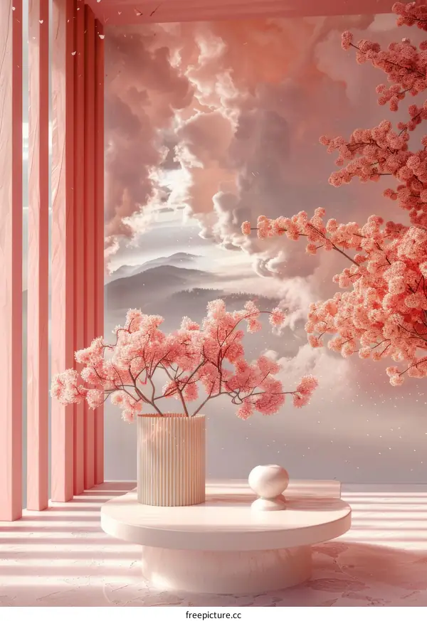 Pink Japanese cherry blossom tree in a vase on a podium with pink background