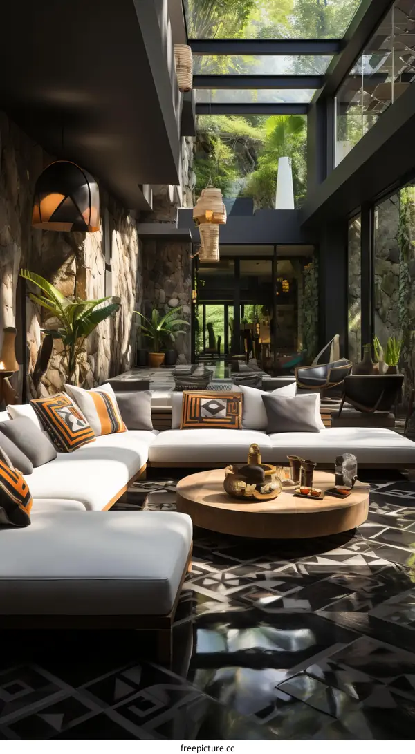 Modern living room interior design with large glass windows and stone walls