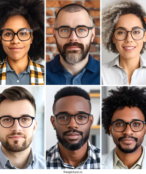 Group Portrait of Six Diverse People Wearing Glasses
