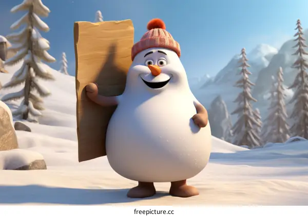 A Cute Snowman Holding a Blank Sign in a Snowy Landscape