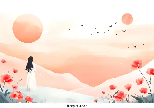 Woman Standing in a Field of Flowers with a Sunset in the Background