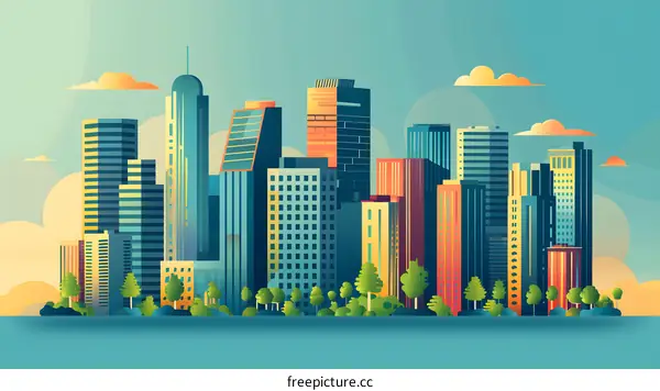 Modern City Skyline Illustration With Buildings and Clouds
