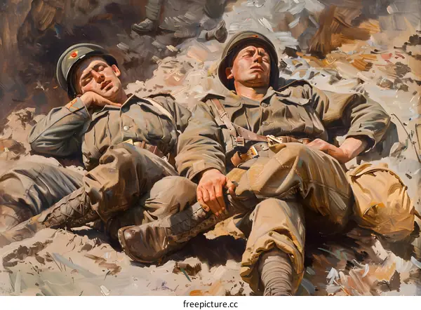 Two soldiers sleeping in a foxhole during world war one