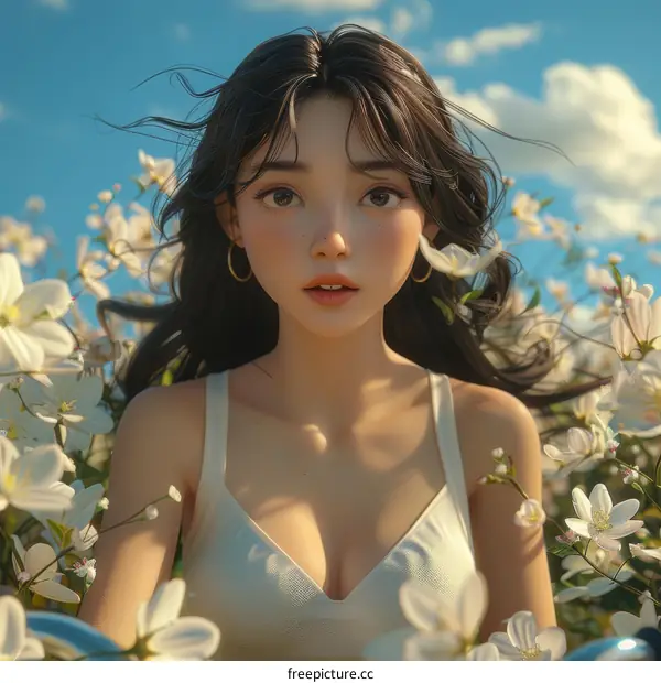 An Asian woman standing in a field of white flowers