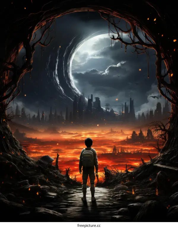Boy Standing Facing Ruined City with Fire and Smoke