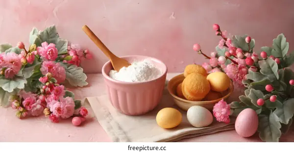 Easter Baking Ingredients on Pink Background