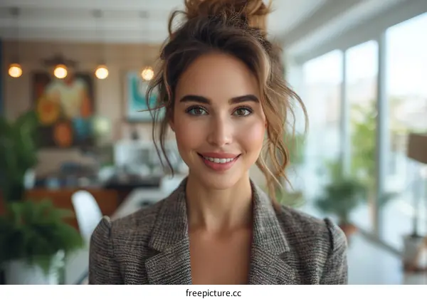 portrait of a young woman with brown hair and green eyes wearing a brown jacket