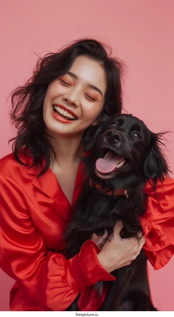 Woman and Dog Portrait in Red Outfit