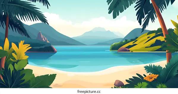 Tropical Island Beach Landscape With Palm Trees and Mountains
