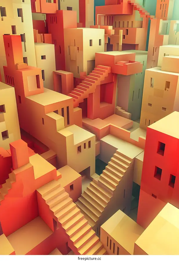 Abstract Cityscape Illustration with Colorful Buildings and Stairs