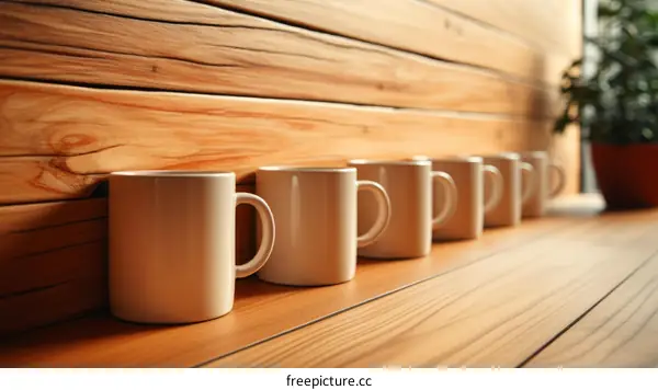 A Row of White Coffee Mugs on a Wooden Table