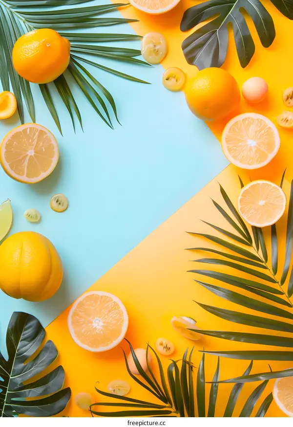 Summer Tropical Fruit Background With Palm Leaves