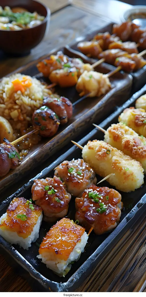 A variety of delicious Japanese dishes are served on a plate.