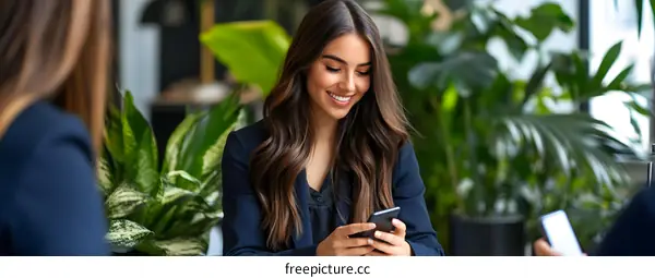 Smiling Businesswoman Using Smartphone In Office