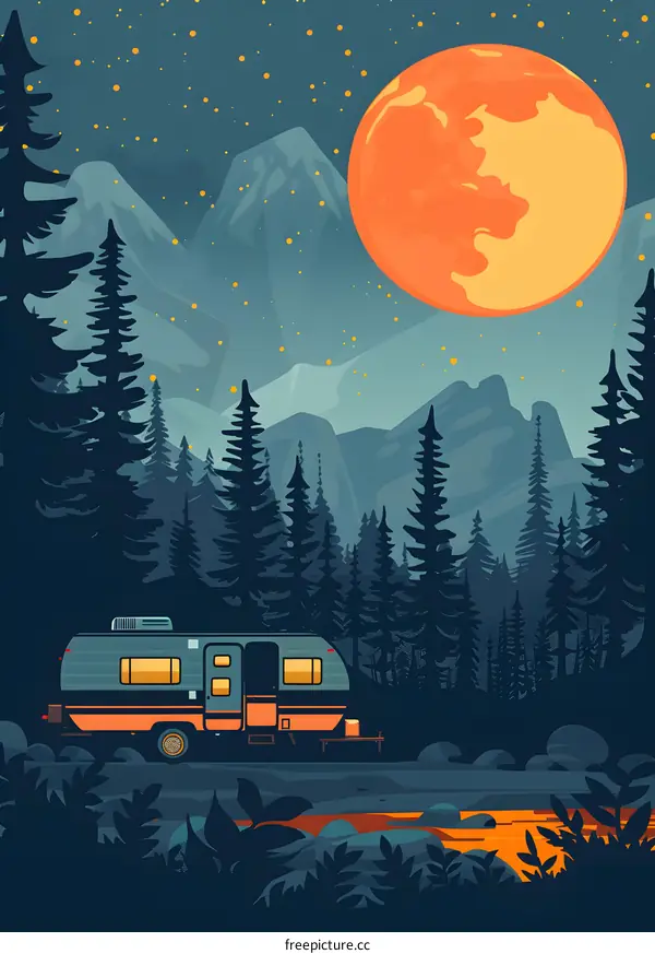 Camping Under the Stars With A Trailer and Mountains
