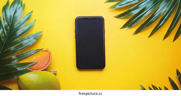 Black Smartphone with Palm Leaves and Citrus Fruits on Yellow Background