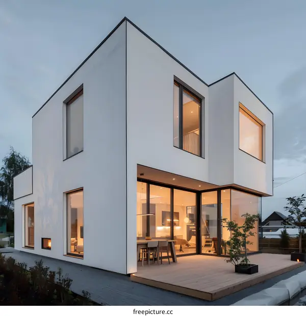 Modern White House with Large Windows and Wooden Deck