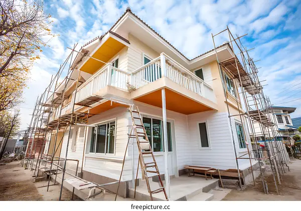 Under Construction House Exterior with Scaffolding