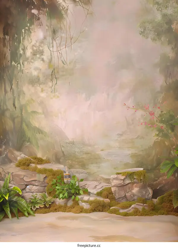 Green Forest Background with Rocks and Moss